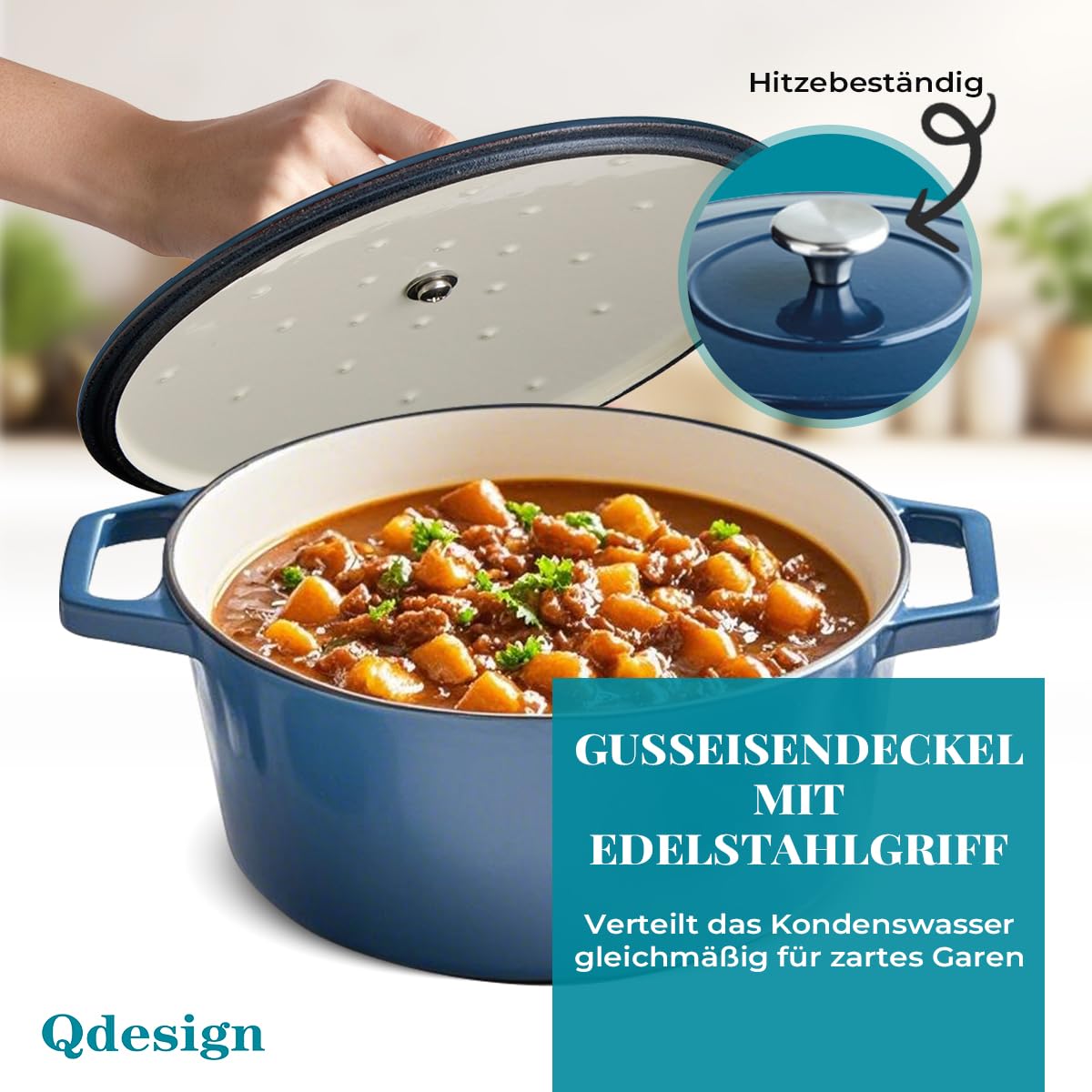 QDESIGN Runde Kokotte aus Gusseisen ohne PFOA - alle Herdarten inkl. Induktion - Backofen-, spülmaschinen- und kühlschrankgeeignet - Blau, Ø 25cm (4,2L)