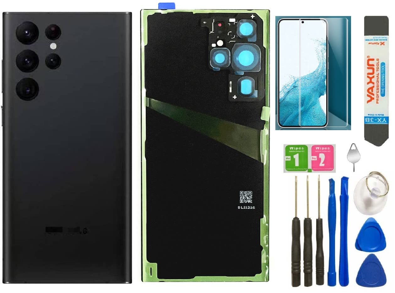 Pop-one Galaxy S22 Ultra Back Glass Cover Housing Door Replacement for Samsung Galaxy S22 Ultra + Tools (Phantom Black)