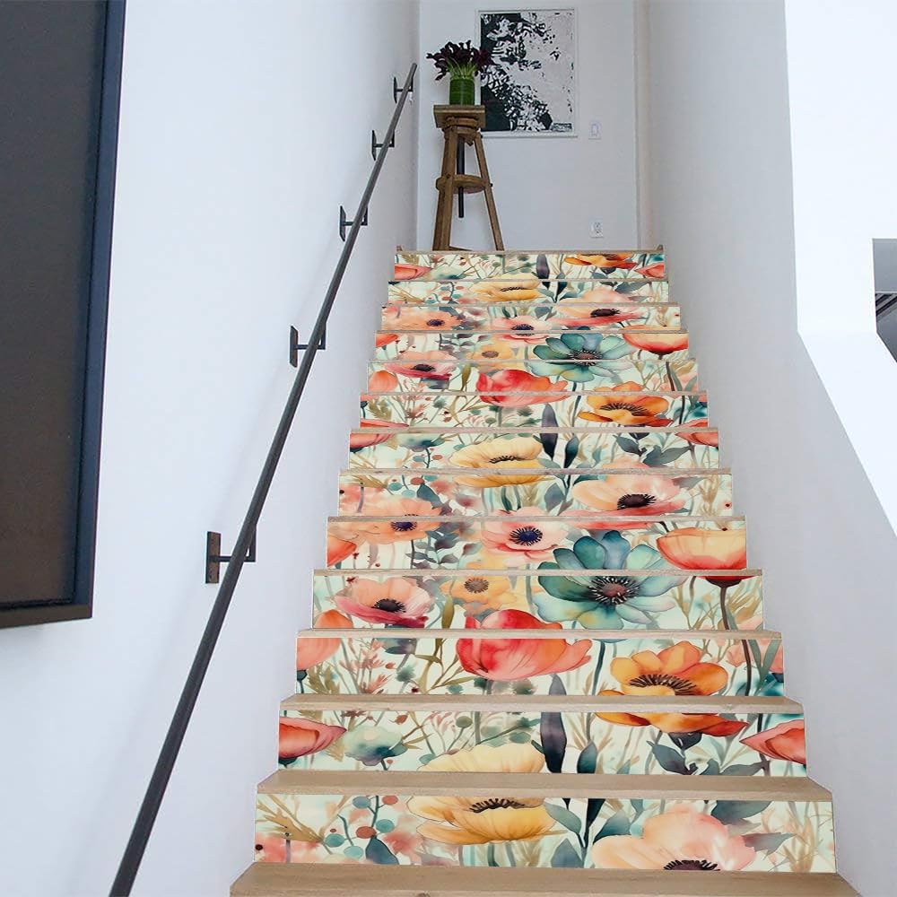 REDAMANCY Watercolor Boho Colorful Poppies Peel and Stick Vinyl Stair Riser Decals Staircase Tile Stair Stickers Abstract Art Modern Decoration Self-Adhesive Home Decor Stair Decals (14 Pcs)