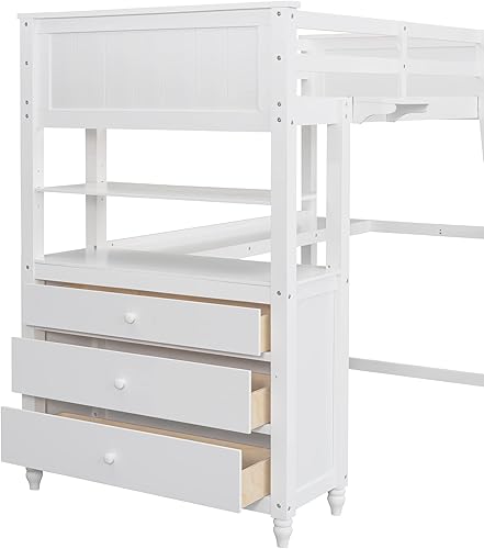 Miniatura 98 de Quarte Cama alta multifuncional, cama alta tamaño matrimonial con escritorio integrado y estantes de almacenamiento, dos cajones y escalera de