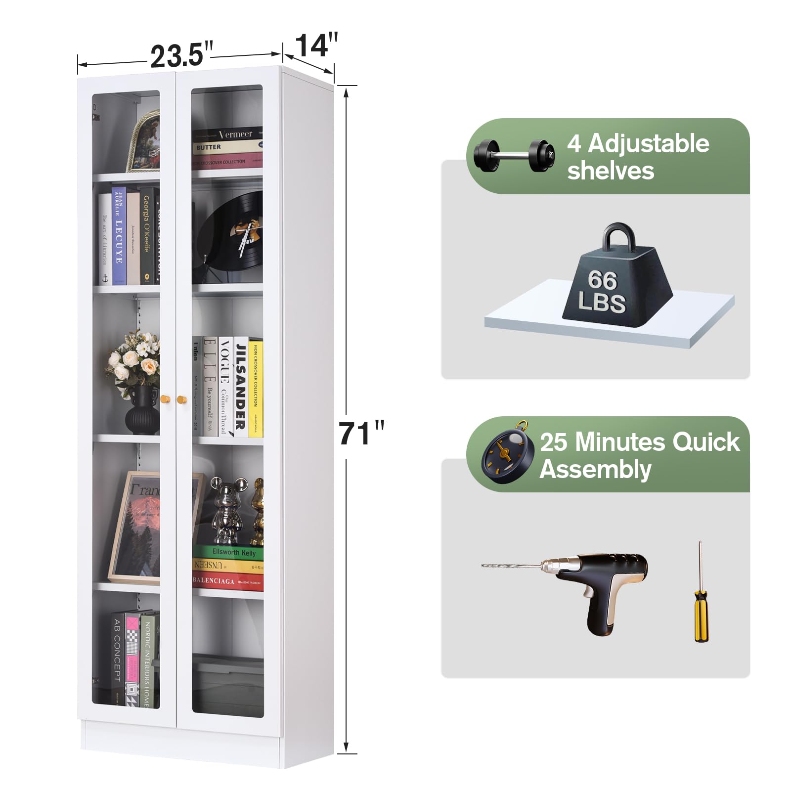 IRONMIX Display Cabinet with Doors, Curio Cabinet with 4 Adjustable Shelves, 71