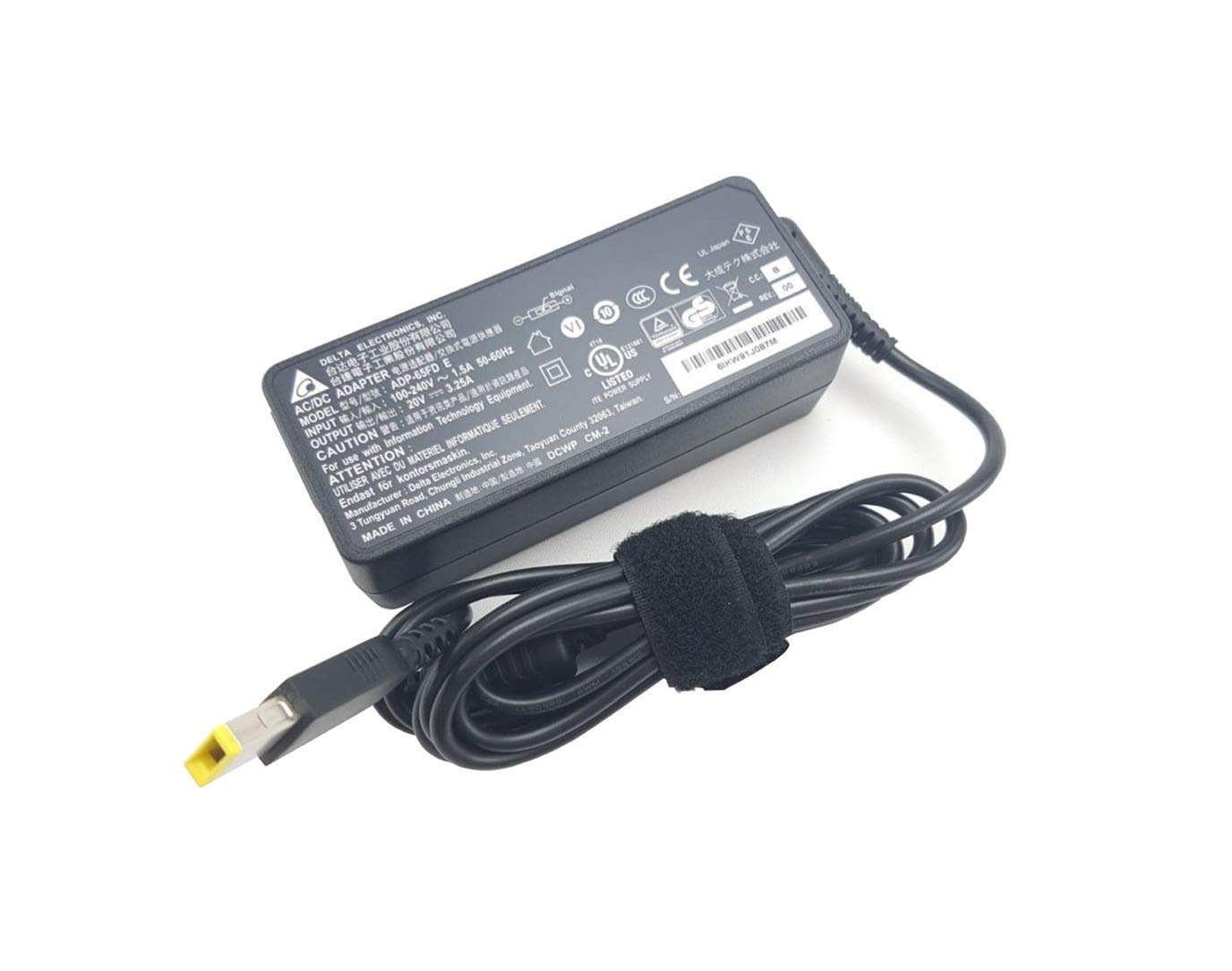 Delta Electronics AC Adapter for laptop, compatible with Lenovo ThinkBook 13s-IWL 20V 3.25A Notebook Battery Power Supply Charger PSU USB Rectangular Yellow Tip & UK Power Cable