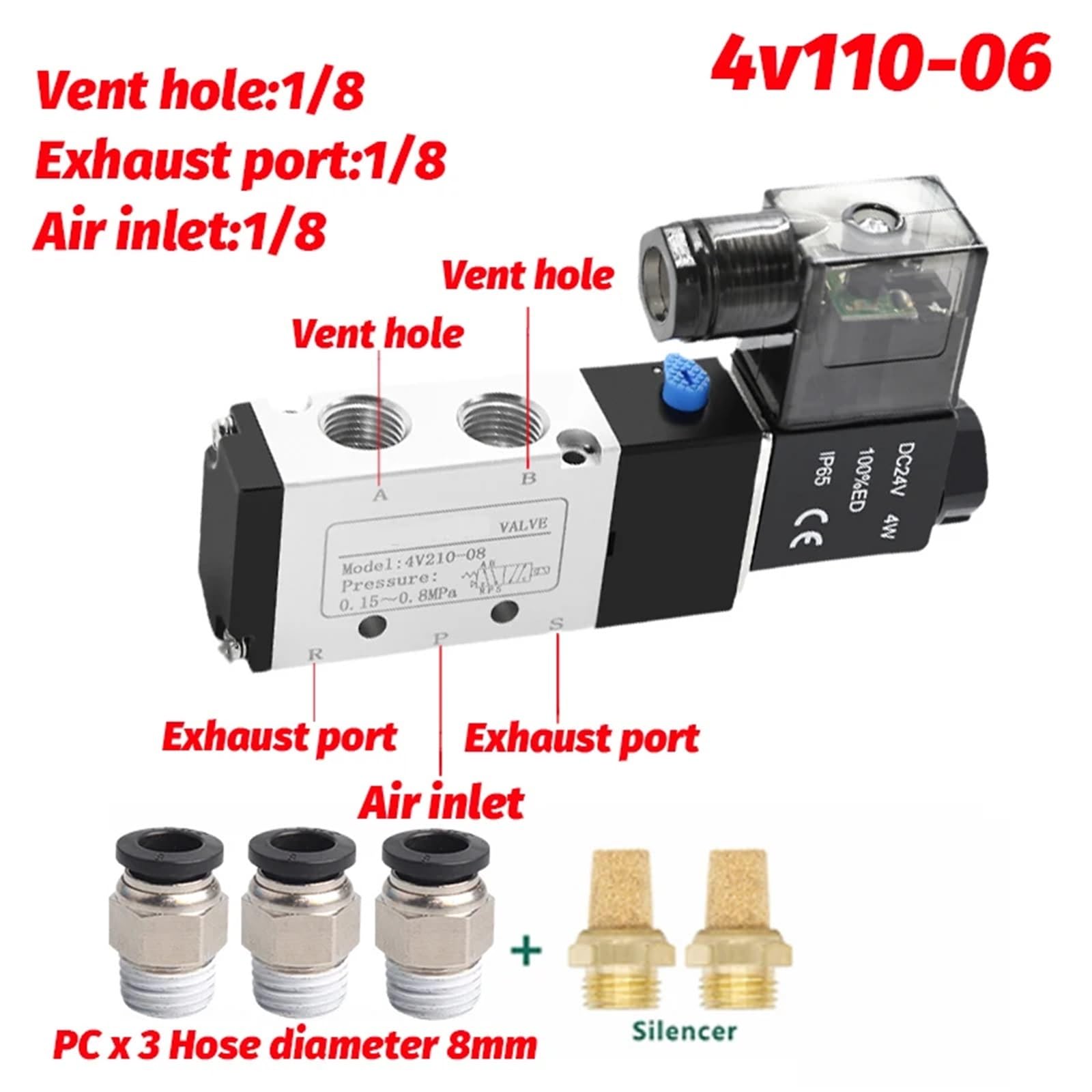 Electroválvula neumática eléctrica 4V110, 5 vías, 2 Posiciones, Control de Aire, 4V110-06, 12 V CC, 24 V CA, 24 V CA, 110 V CA, 220 V CA | Pc 4v110-06 8mm,AC220V