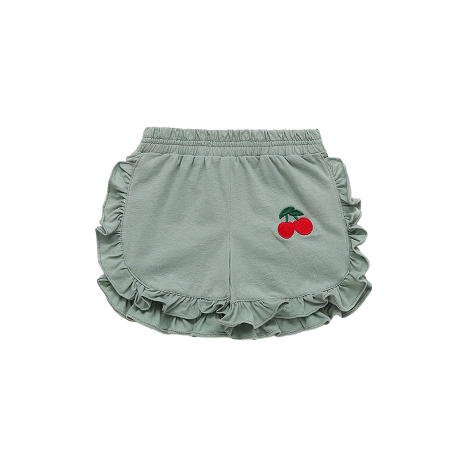Baby Girl Ruffle Shorts Elastic Waist Cherry Embroidery Bloomer Shorts Toddler Short Pants for Summer (Green, 18-24 Months)
