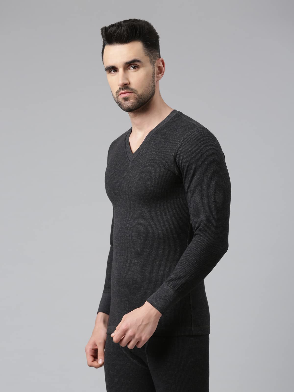 Dixcy Scott Maxmius Mens V-Neck Full Sleeves Solid Print Thermal Tops(Dark Grey Melange)-S