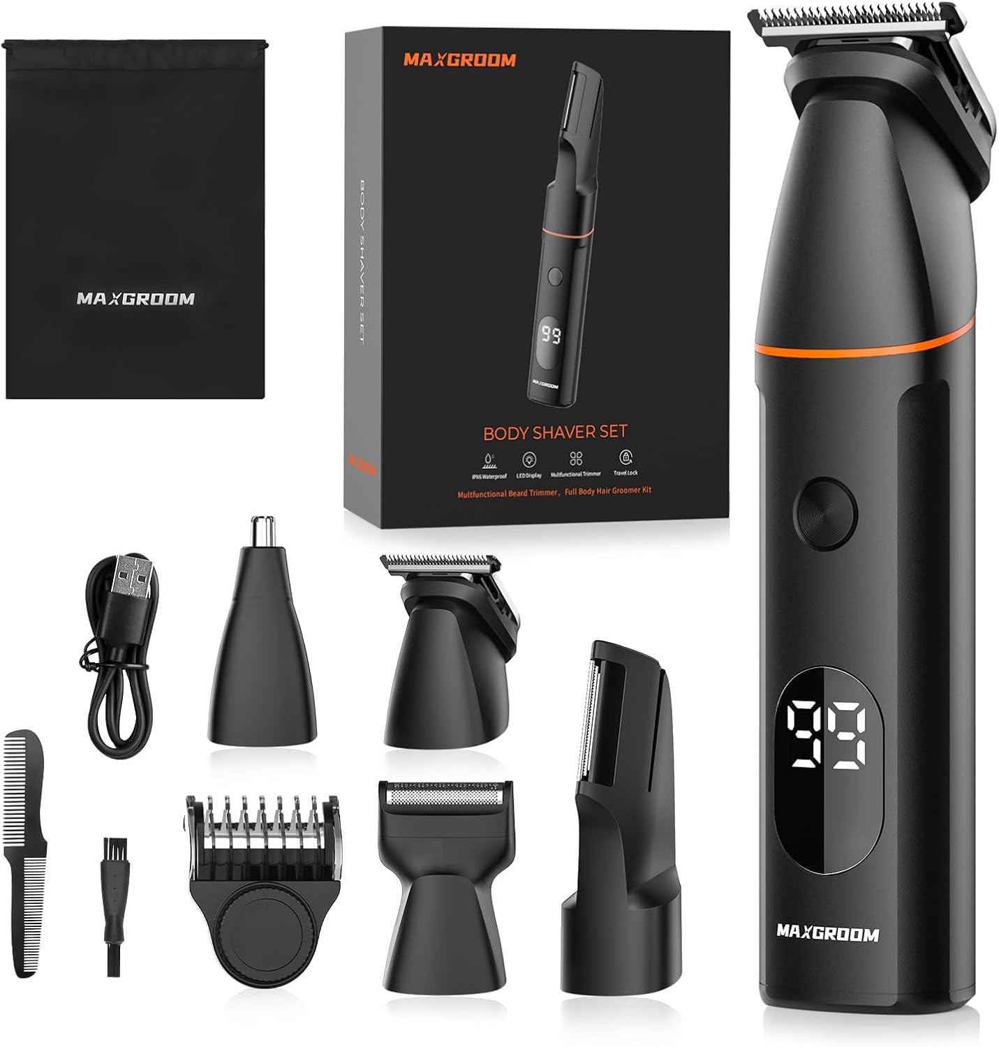 MAXGROOM Tondeuse Corps Homme Électrique, 4 en 1 Multifonction Tondeuse Partie Intime Homme, 7000RPM Rasoir Barbe Professionnel, Long Endurance Rasoir Électriques Hommes, IPX6 Tondeuse Testicule Kit