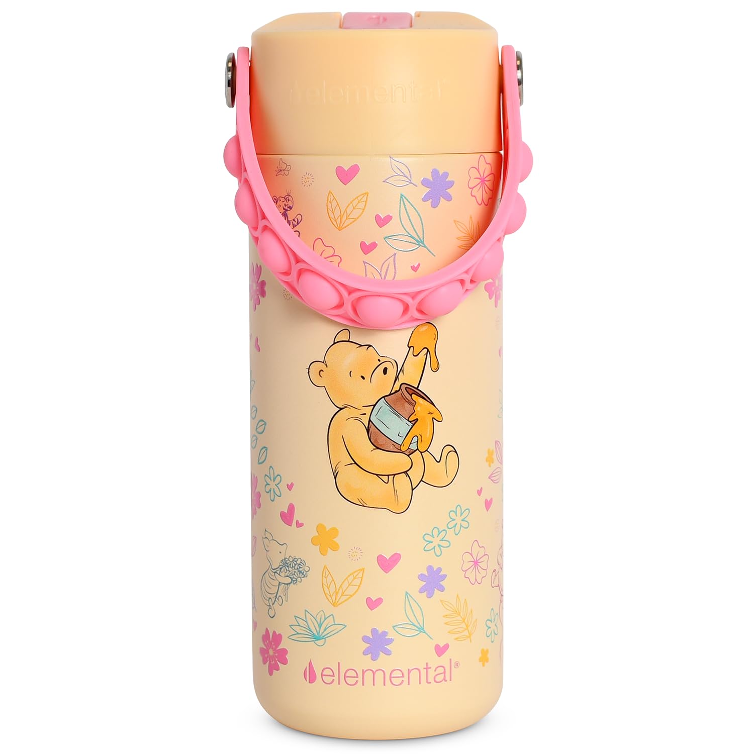 Elemental Insulated Water Bottle, Stainless Steel Water Bottle with Straw Lid & Pop-It Handle, Leak-Proof Water Bottles for, Boys or Girls, Travelling and Sports, 530ml - Classic Pooh