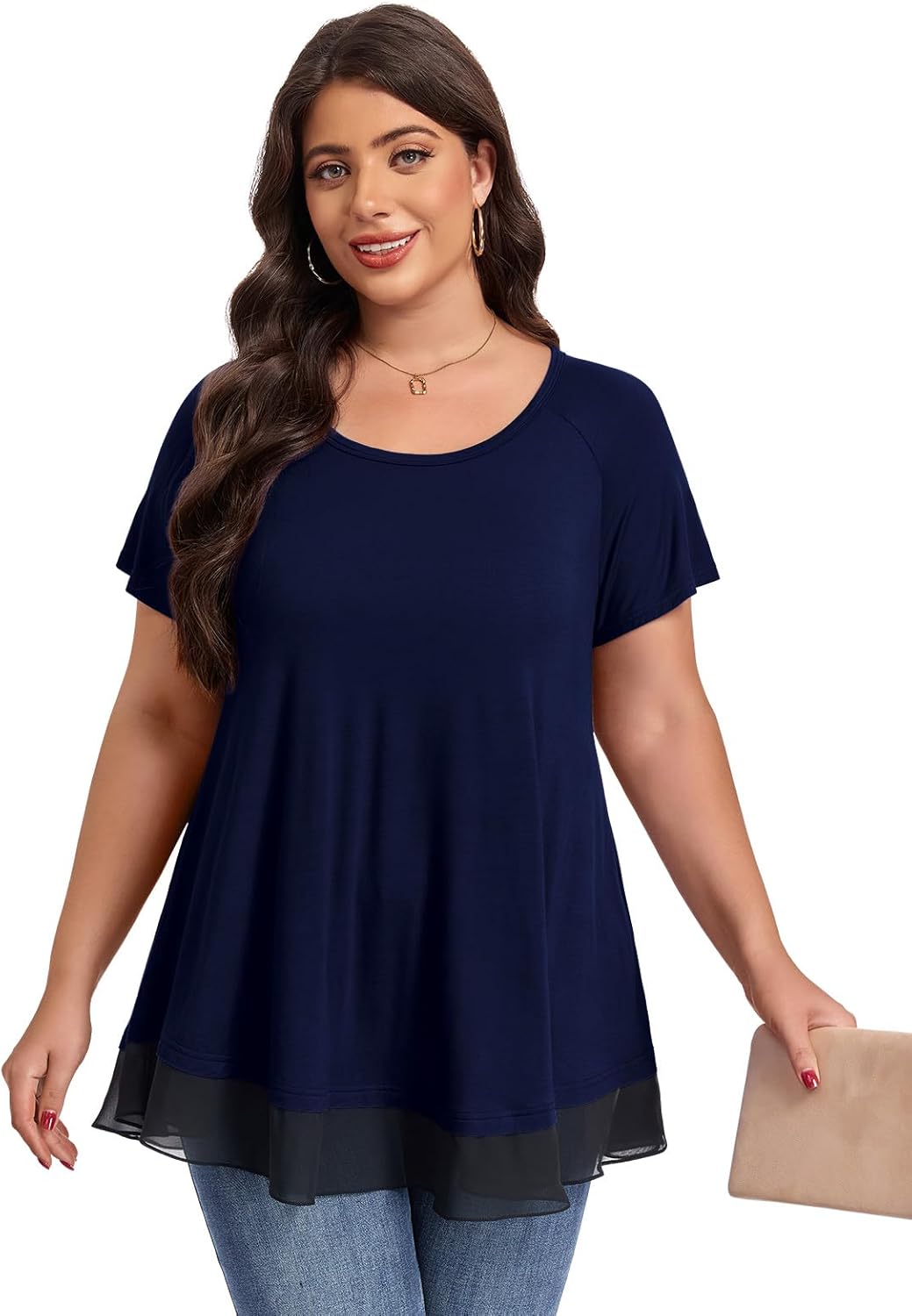 LARACE Plus Size Tunic Tops for Womens Summer Clothes Dressy Round Neck Short Sleeve Shirts Flowy Chiffon Blouses - Image 2