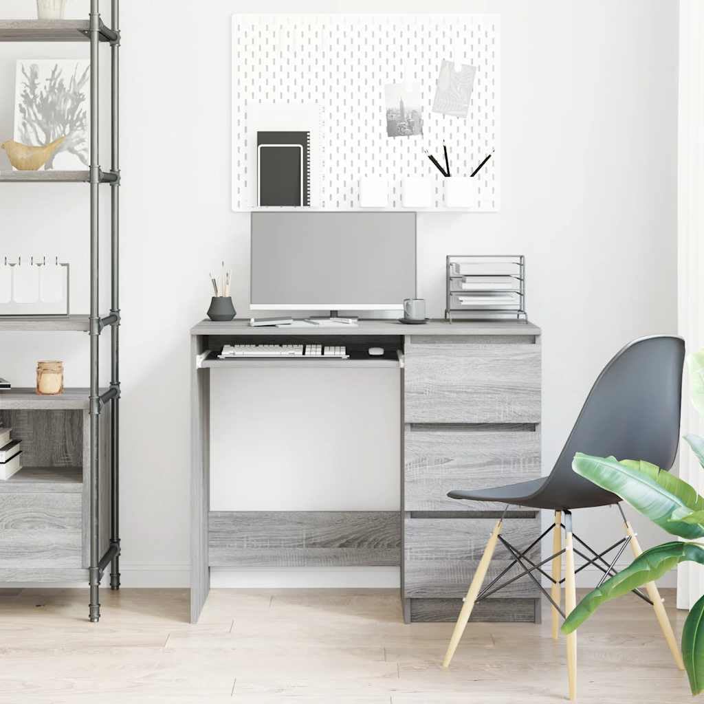 Scrivania con 3 cassetti, grigio Sonoma, scrivania per computer, 90 x 45 x 76 cm, tavolo da ufficio compatto in legno per home office, robusto tavolo da lavoro per laptop