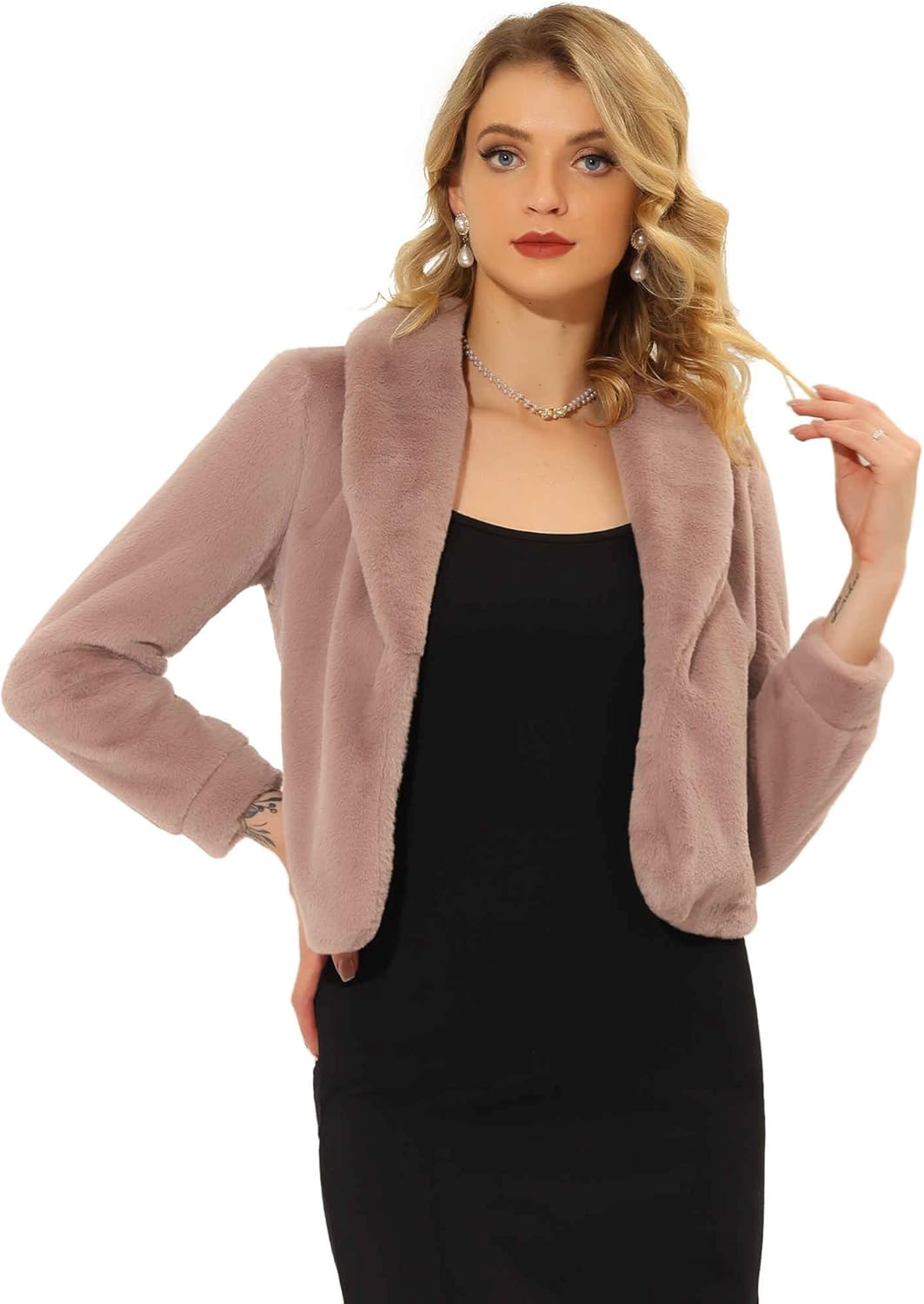 Allegra K Women's Fur Coat Fasion Winter Open Front Cropped Jacket Lapel Long Sleeve Fluffy Faux Fur Coat