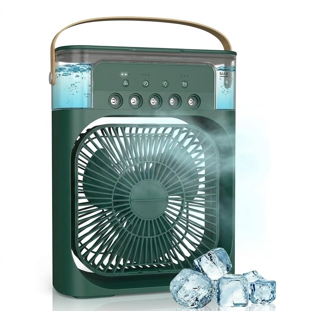 drumstone (luxurious 5 year warranty) portable mini air cooler with mist function, usb powered desk fan, 600ml water tank, 3 fan speeds, 7-color led light, timer function green
