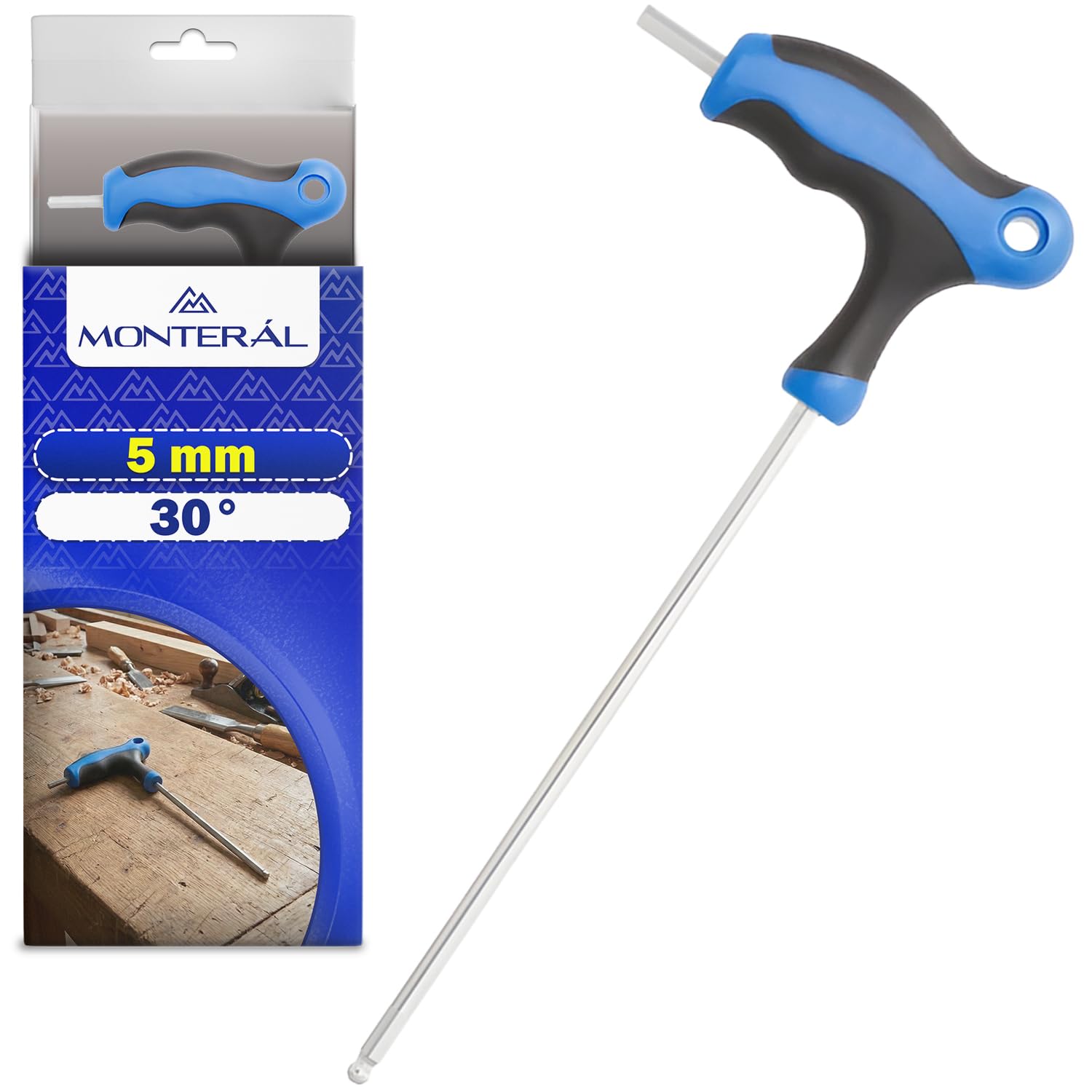 MONTERAL Llave Allen con Mango en T con Punta Esférica de 5 mm - Llave Hexagonal Permite Trabajar en Ángulos de Hasta 30° - Fabricada en Acero Aleado S2