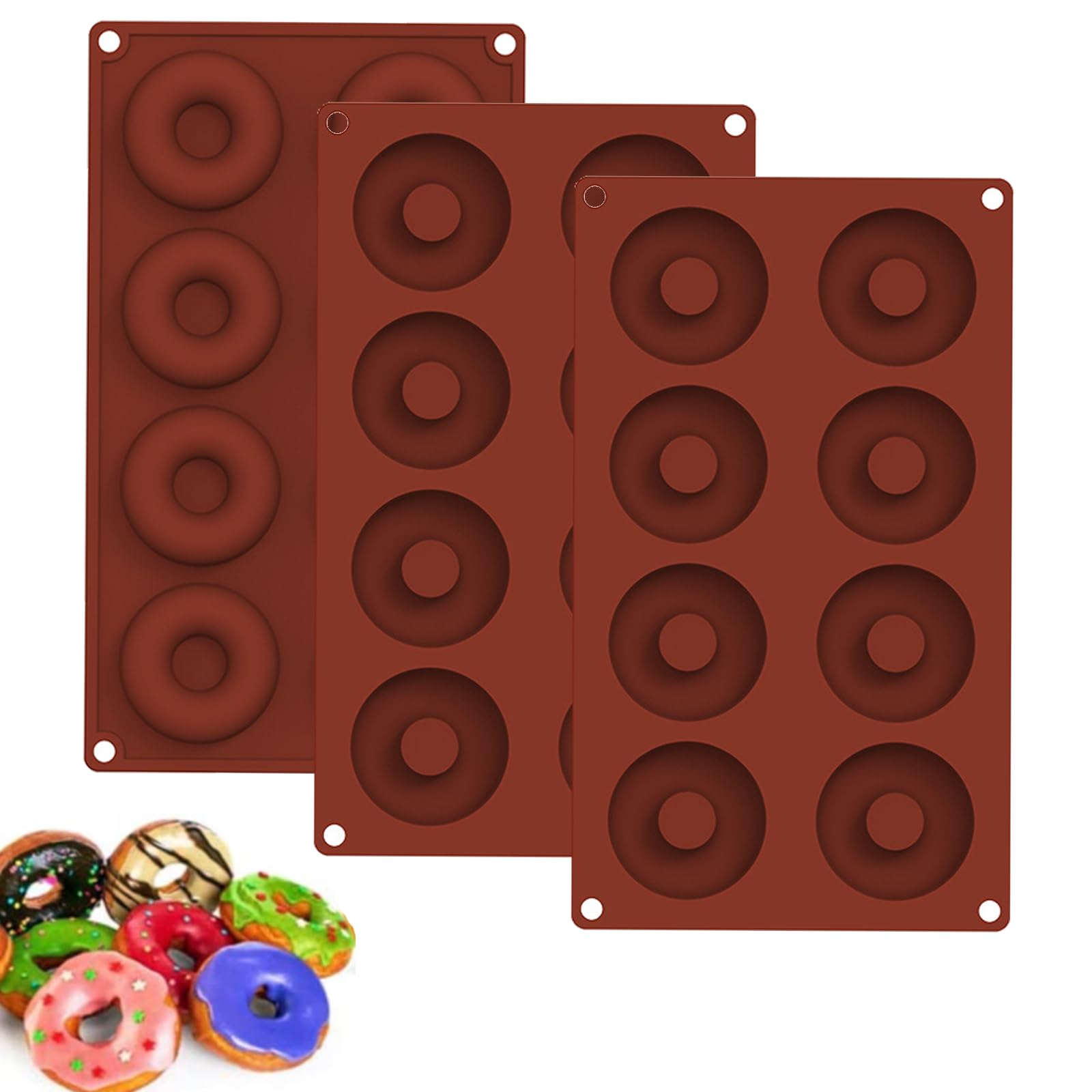 Molde Para Donas De Silicona - 3 Piezas, 8 Cavidades Cada Una, Antiadherente Y Apto Para Horno - Ideal Para Muffins, Bagels Y Más