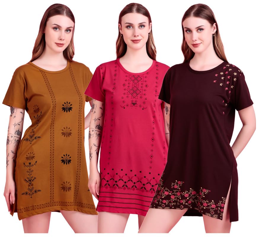 Women's Cotton Printed Long Tshirt with Pockets and Side Slits (Pack of 3, LP_155)-image-27