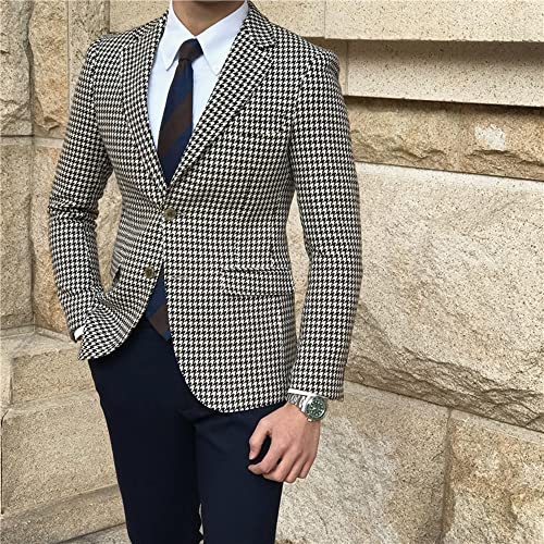 Ulnomio Men's Houndstooth Blazer Two Buttons Notch Lapel Jacket Wedding Office Suit Coat2