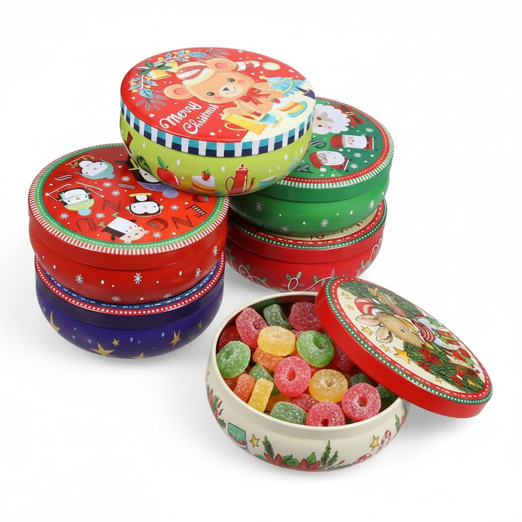 Housoutil Multicolor 6Pcs Christmas Candy Boxes, Biscuit Tins Cake Tin Storage Baking Packing Case, Christmas Storage Tins For Chocolate Cookie, Christmas Decorations