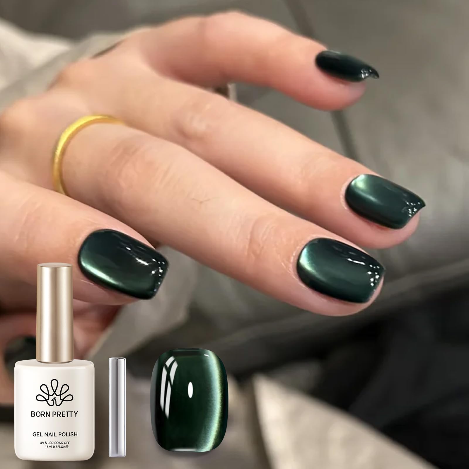 Born Pretty Retro Green Cat Magnetic Eye Gel Polish Holographic Gel Polish | Crystal Sheer Cat Magnetic Eye Gel Nail Magnetic Gel Polish for St. Patrick's Day,Daily Wear,Party,Vacation,DIY & Salon 15ML Only Green