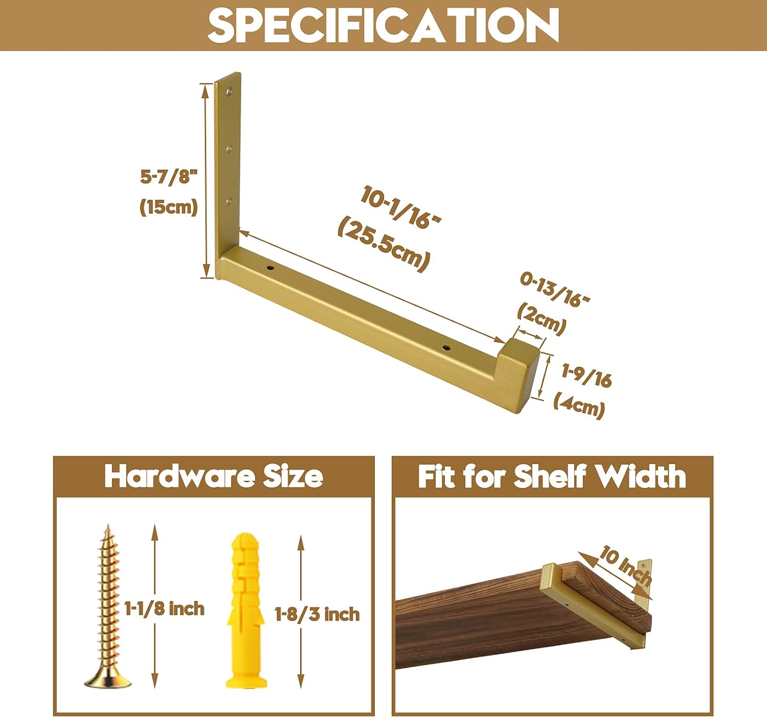 ADDGRACE Gold Shelf Brackets 4 Pcs Heavy Duty Wall Mounted with Lip Shelving Supports for DIY Floating Shelf 10 inch,brand image 2