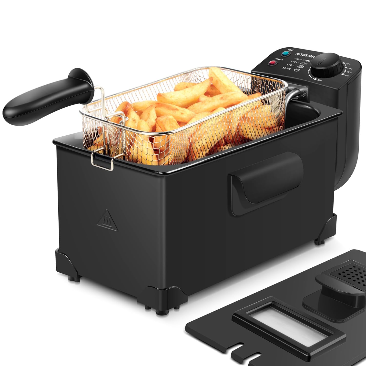 Aigostar Freidora de 3 litros, Acero inoxidable tipo 304 | 2200 watios de potencia, tapa con ventana de visualización, recipiente totalmente extraíble para vaciado de aceite