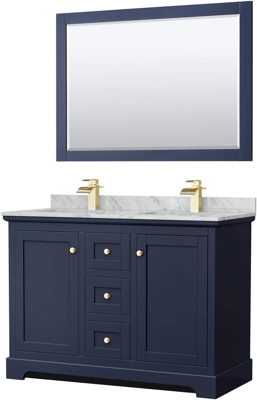 Avery 48 Inch Double Bathroom Vanity in Dark Blue, White Carrara Marble Countertop, Undermount Square Sinks, 46 Inch Mirror
