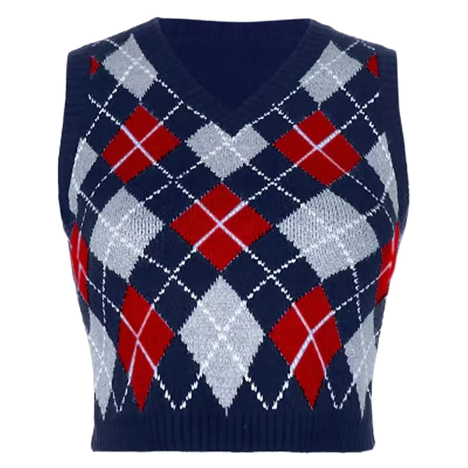 Pullunder Damen V-Ausschnitt Strickpullover Weste Argyle Plaid Strickweste Ärmellos Crop Strickwaren Tank Top Mit Karo Muster Winter Herbst Uniform Damenweste Winterweste