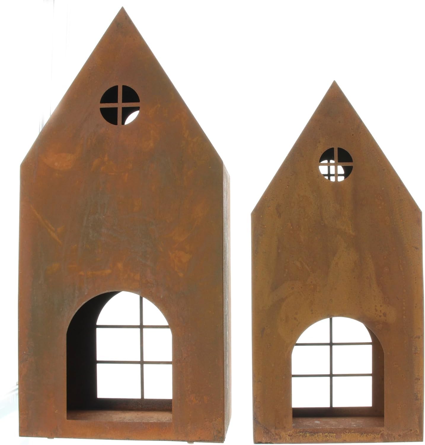 2X Windlicht Haus aus Metall mit Echt Rost Finish, Kerzenhalter 45 + 55 cm hoch, Dekohaus, Garten-Deko für Draußen