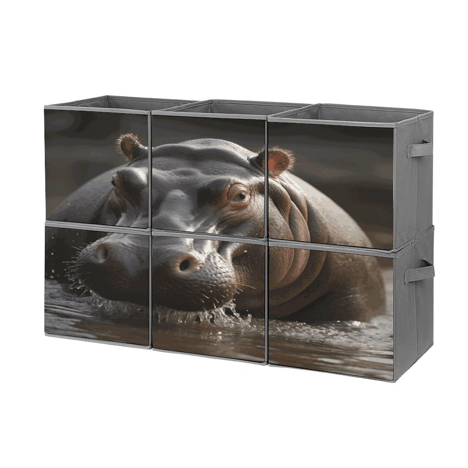 Btcowzrv Style Hippo Storage Cubes, 6 Pack Oxford Fabric Foldable Collapsible Bins With Handles, Cubby Storage Baskets Boxes For Closet Shelves Office Organization