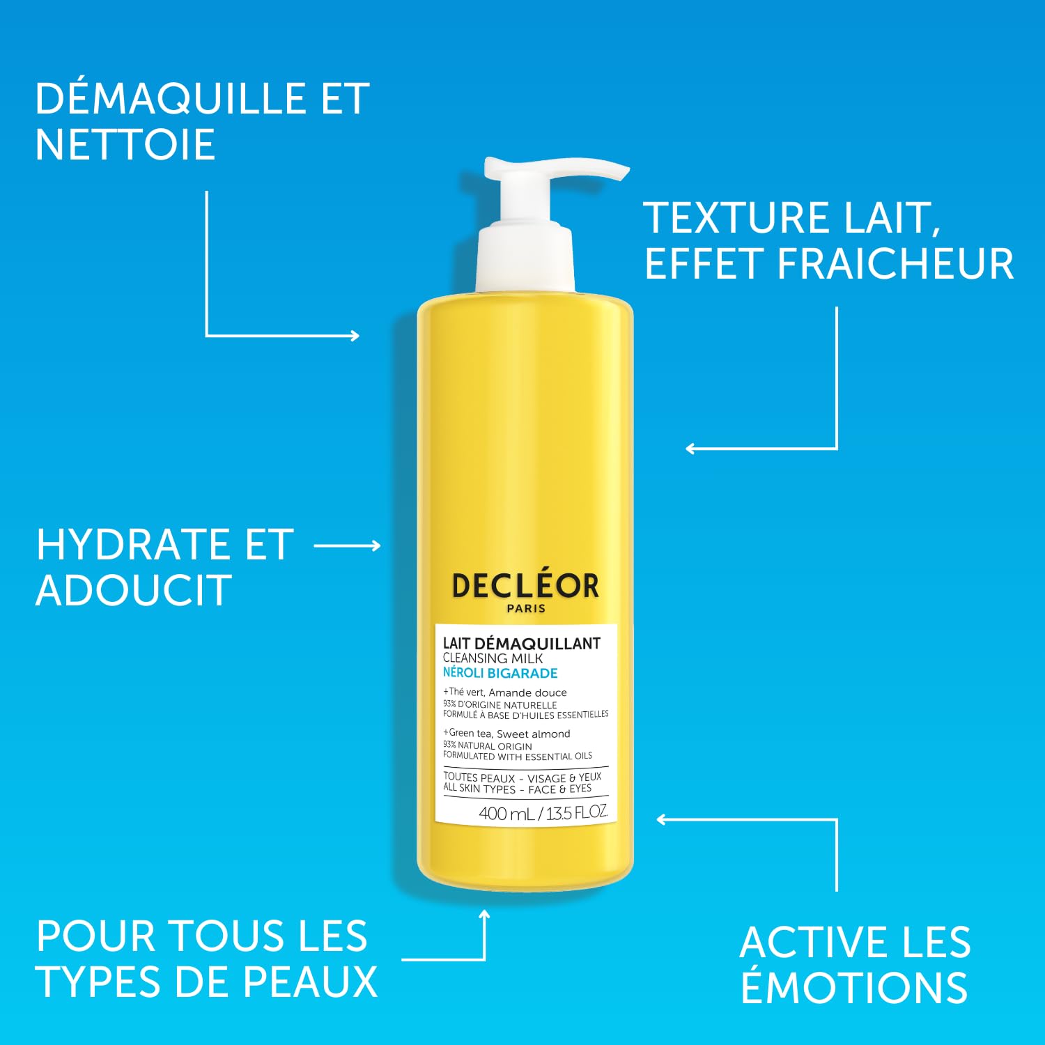 Decléor Lait Démaquillant Néroli Bigarade 400ml – Nettoyant Visage Doux pour Tous Types de Peaux, Nettoyant Lait Hydratant aux Huiles Essentielles & Thé Vert