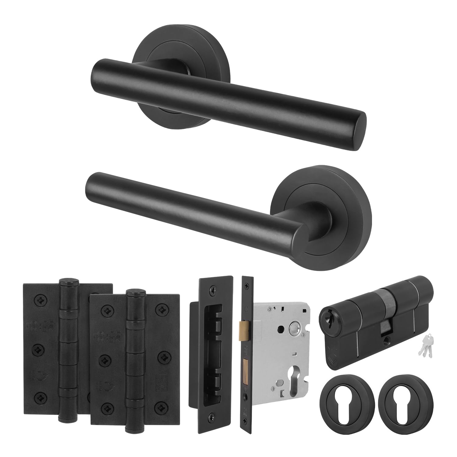 EAI Black Door Handle with Euro Lock Double Cylinder Set, 1 Pair Internal Matt T-Bar Round Rose Door Handles, Locks, Hinges - Oliena Range โ image 1
