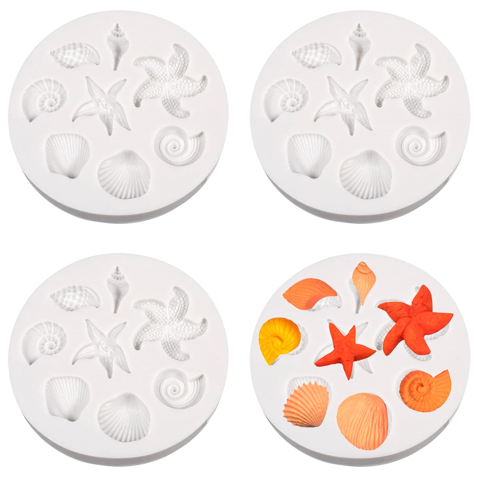 4 Pcs Sea Life Theme Silicone Fondant Mold Seashell Chocolates Mould Starfish Shape Baking Mold for DIY Soap Jelly Ice Cake Chocolate Cupcake Sugar Desserts Craft