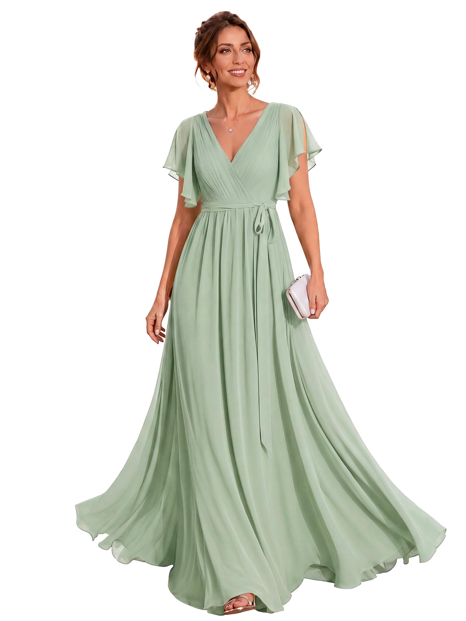 Ever-Pretty Women's Chiffon V-Neck Bridesmaid Dresses Ruffle Sleeves Ruched Bust Long Formal Wedding Guest Dress 0164A
