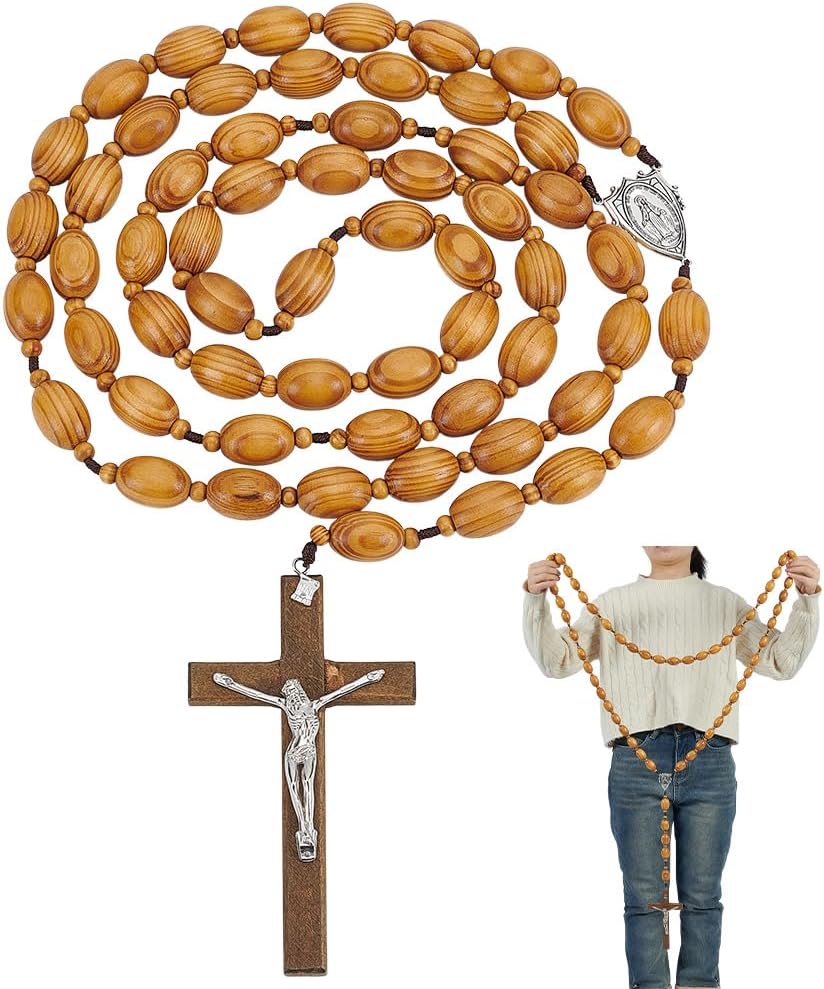 ORIGACH 2 Pcs 43 Inch Large Wooden Crucifix Wall Cross, Rosary Catholic Big Prayer Bead with Miraculous Medal Cross Crucifix Catholic Gift for Church House Decor, Round