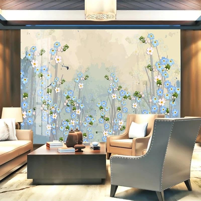 Papier peint fleurs bleues 3D auto-adhésif pour un salon élégant