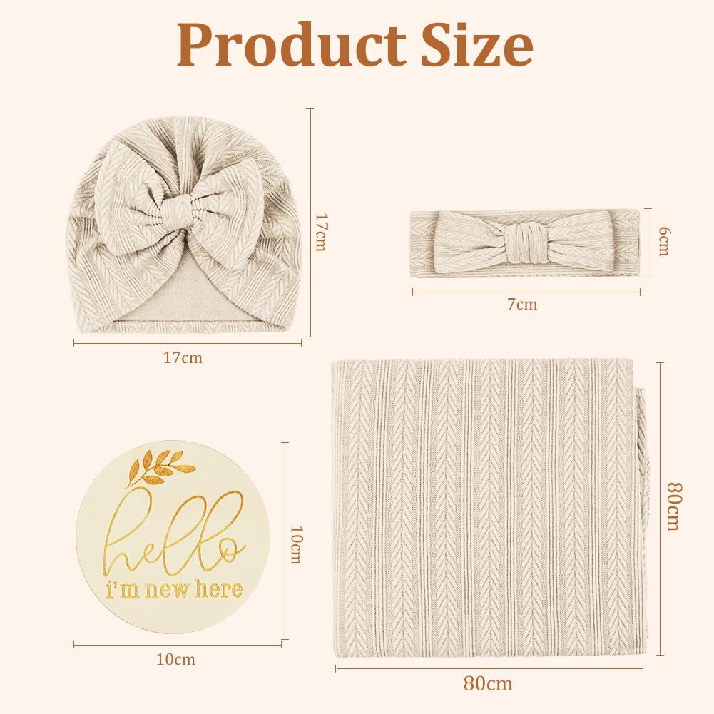 Vicloon Newborn Swaddle Blanket with Headband Set, Newborn Swaddle Blanket Wooden Card Set - Image 2