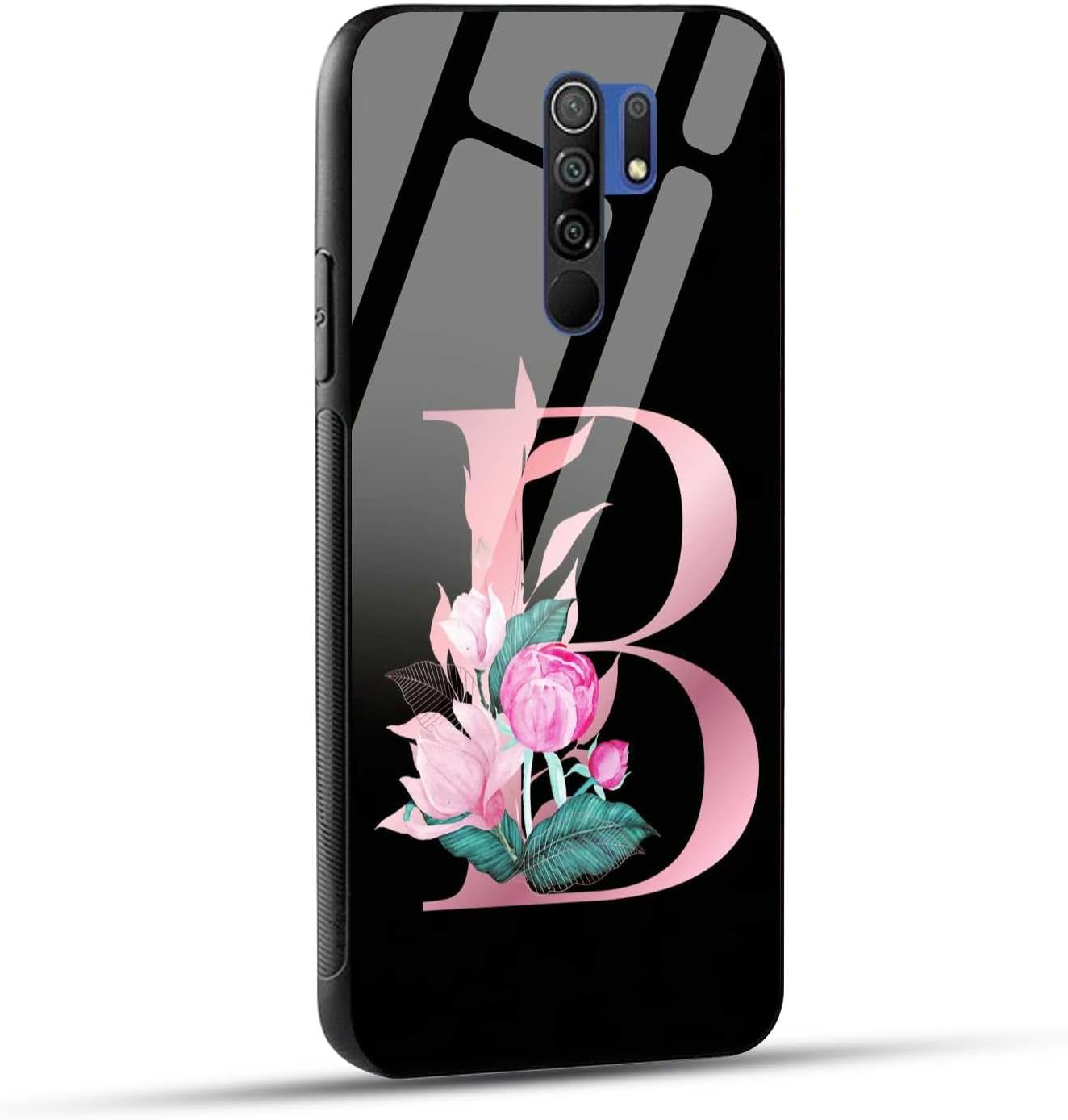 NDCOM for Redmi 9 Prime Back Cover B Alphabet Pink Floral Name Initial Letter Premium Printed Glass Case
