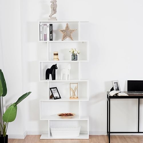 Miniatura 8 de Tangkula Estantería geométrica de 6 niveles, moderna estantería de almacenamiento en forma de S para sala de estar, dispositivo antivuelco,