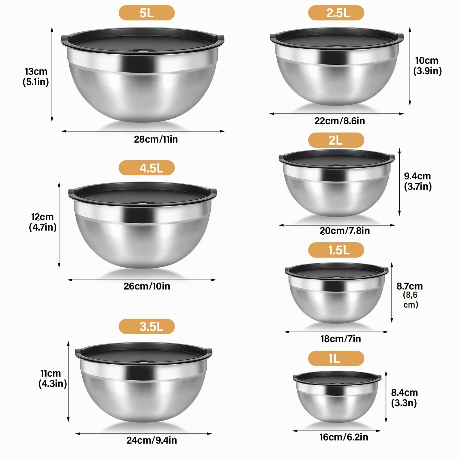 Cinnani 7 Juego de Acero Inoxidable Cuencos mezcladores, Ensaladera, Cuenco Comida, Cuenco de Cocina, Tazón de Cocina Multifuncional con Tapa Hermética