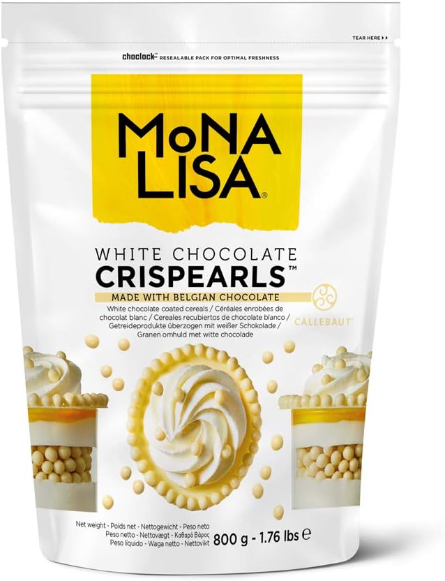 Mona Lisa Crispearls by Callebaut (White Chocolate, 4 x 800g Bags) – Resealable Velcro 800g Bag - Flavoured coated cereal balls for decorating cakes, cupcakes, waffles, crepes, pancakes