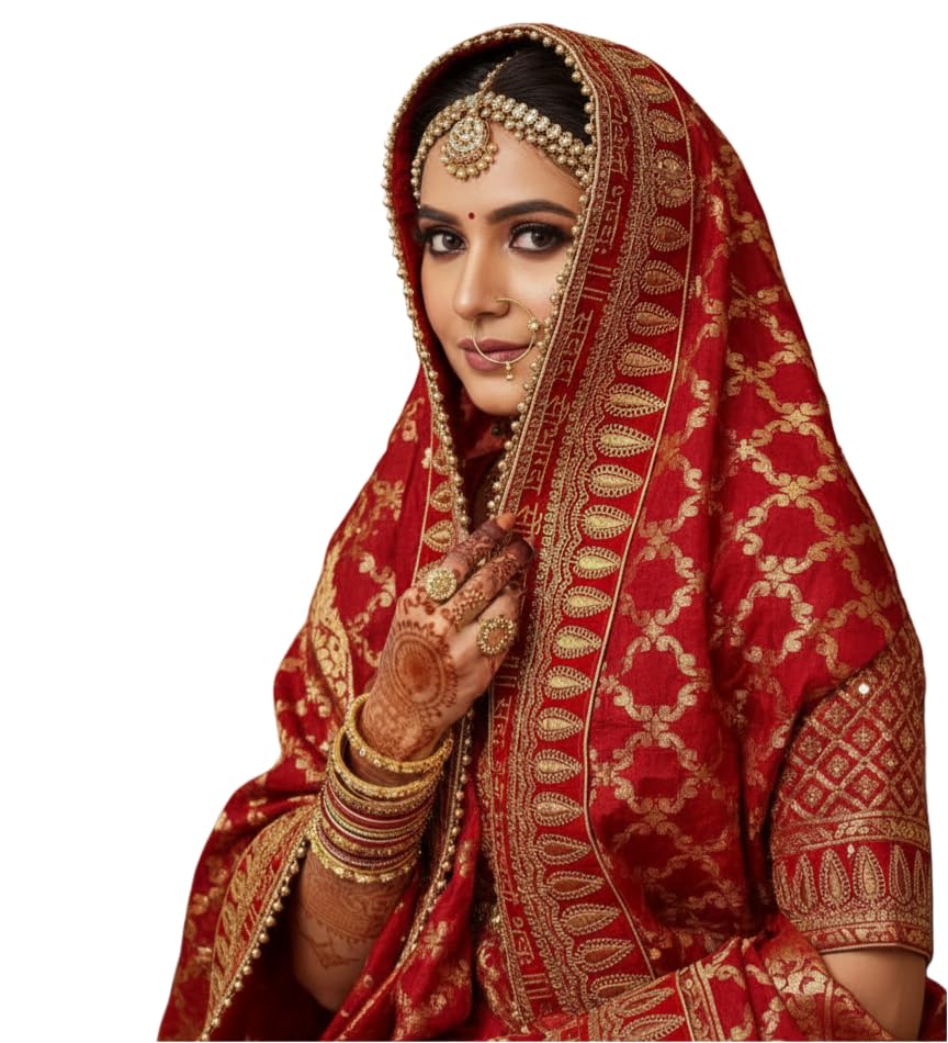 navti creations Women Wedding Bridal Red Dupatta In Banarasi Silk With Sada Saubhagyawati Bhaw Embroidery Border (2.25M) & 4 Side Moti Lace-picture-34