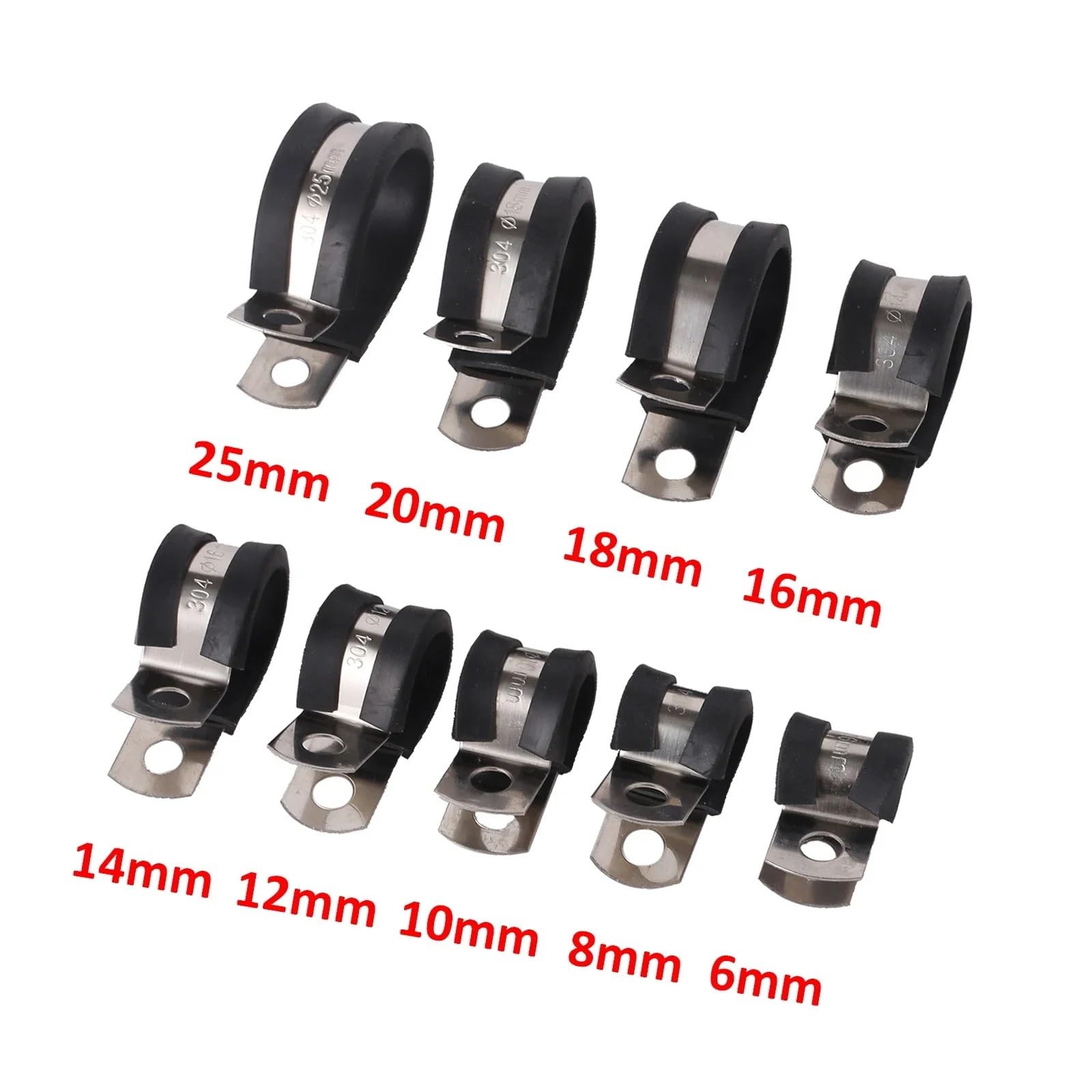 Lot de 20 colliers de serrage en P, 6 à 25 mm, avec revêtement en caoutchouc, for câbles, fixations, matériel électrique(10mm)