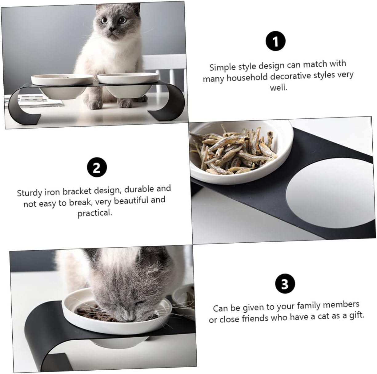 1Pc Ceramic Cat Bowl with Iron Bracket Elevated Pet Food Dish for Cats Dogs Easy to Safe Black White Double Bowl Design