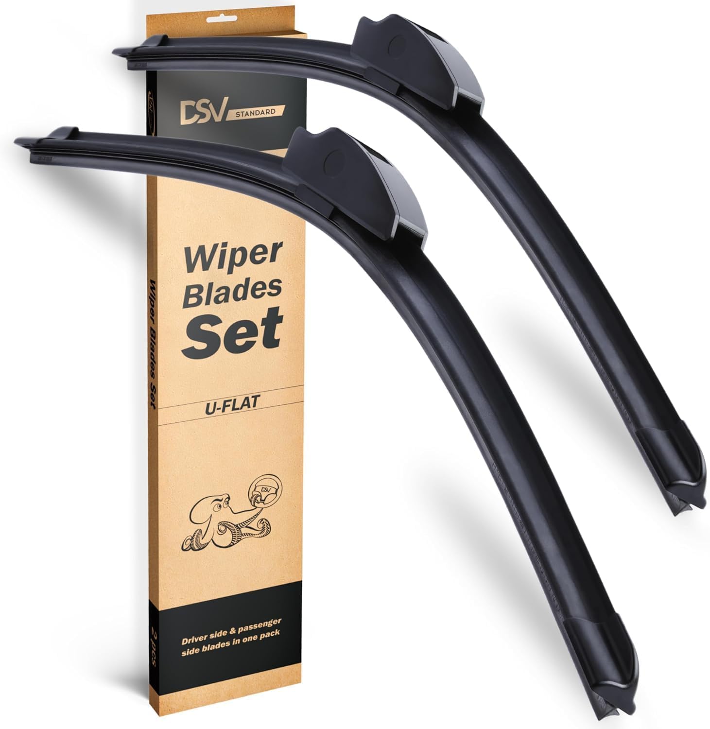 OEM Quality Windshield Wiper Blades, 24” and 16” DSV Standard Car Wiper Blades With Universal U/J Hook, Automotive Replacement Wiper Blades for my Car, Water Repellency Wiper Blade, Pack of 2 24" and 16"