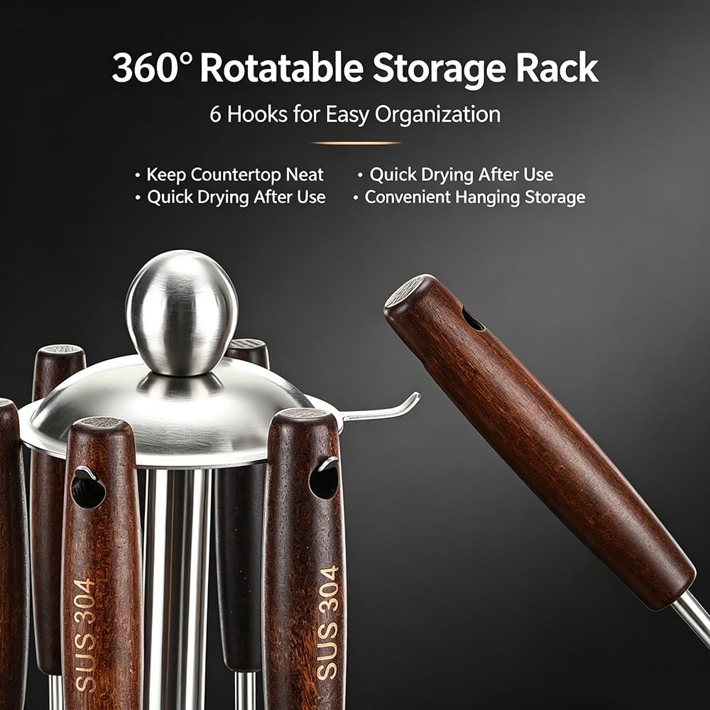 Set di 6 Utensili da Cucina in Acciaio Inox 304 con Supporto Girevole E Manici in Legno Massello Termoisolanti (Spatole, Mestoli, ECC.) per La Cucina di Casa
