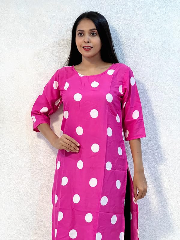 Image of Trendy Kurti|Pink Coin Printed 3 /4 Sleeve Kurti|Fashionable Dress|Poly Crepe Polka Dot Knee Length Girls Short Kurti|Boat Neck Dress for Daily, Casual Wear