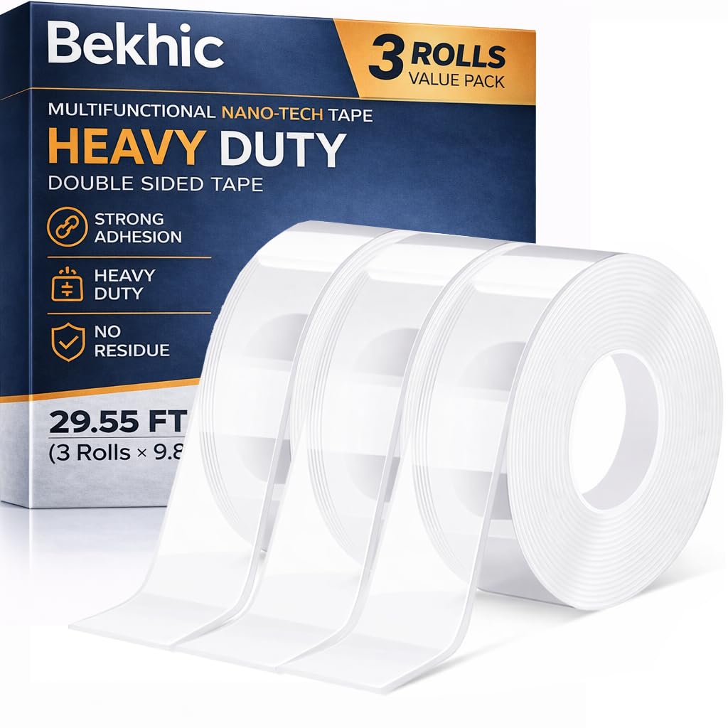 Bekhic® Double Sided Tape Heavy Duty, Clear Mounting Tape Nano Double Sided Adhesive Tape,Picture Hanging Adhesive Strips (9.85FT 3 Pack (Total 29.5FT))
