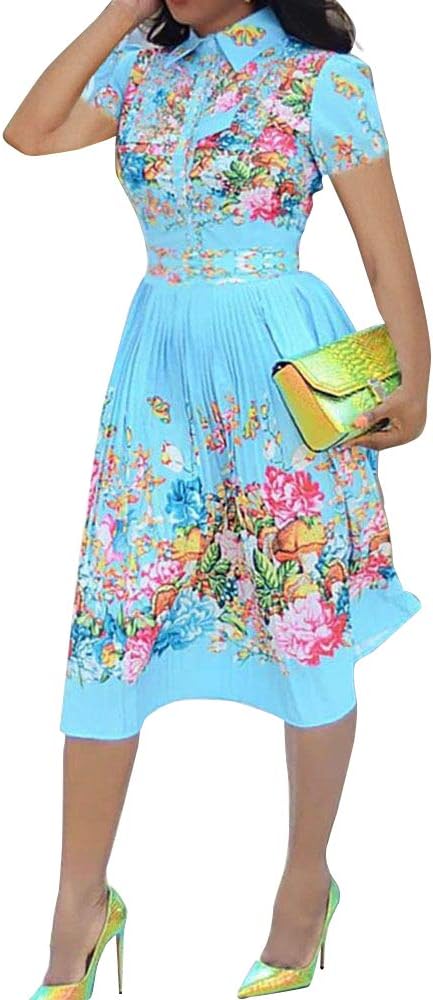 VERWIN Lapel Three-Quarter Sleeve Knee Length Pleated Floral Women's Sheath Dress - Image 3