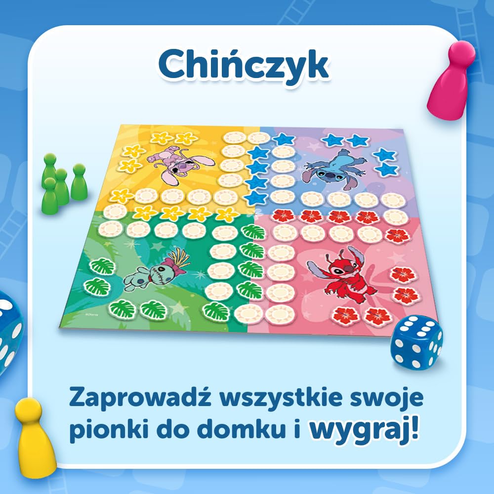 Trefl - Chińczyk, Węże i Drabiny: Lilo & Stitch - Gra 2w1, Rodzinna Klasyczna Gra Planszowa z Bohaterami Bajki Lilo & Stitch, Dwustronna Plansza, Proste Zasady, Dla Dorosłych i Dzieci od 4 lat