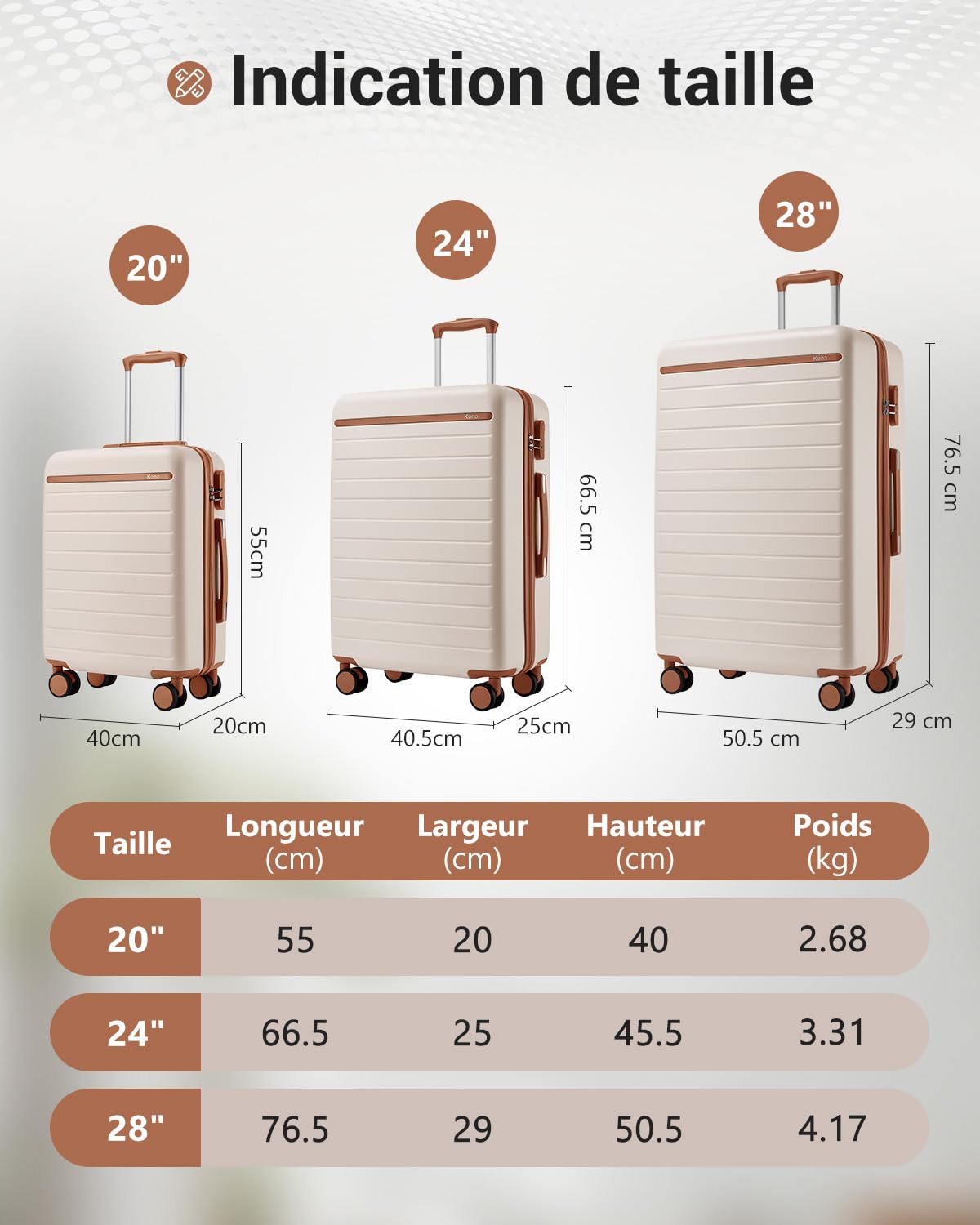 Kono Valise Grande Taille Soute 76.5cm, 94L, Valise Rigide ABS+PC Léger Durable Roulette Valise avec Serrure Extérieure de Sécurité, Roues Silencieuses 360°, Crème