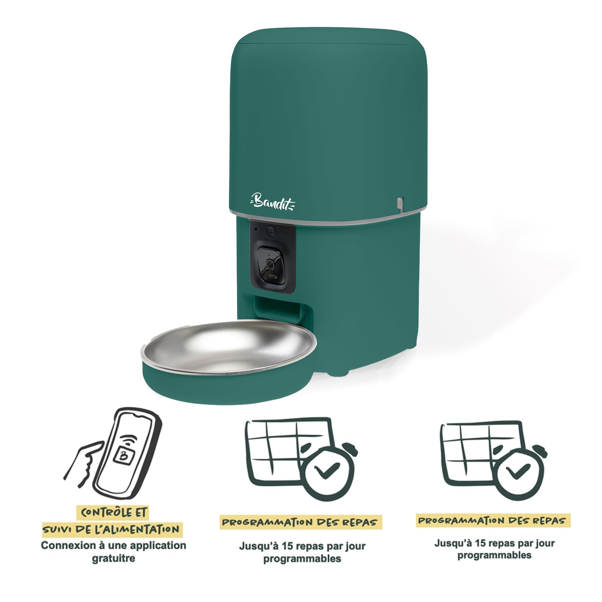 Banddit – Dispensador de croquetas inteligente verde – Seguimiento dietético para gatos y perros pequeños – Programación hasta 15 comidas – Cámara HD & Micro – Depósito hermético 4L | Cámara HD y Micro - Seguimiento Dietético - Para gatos y perros pequeño
