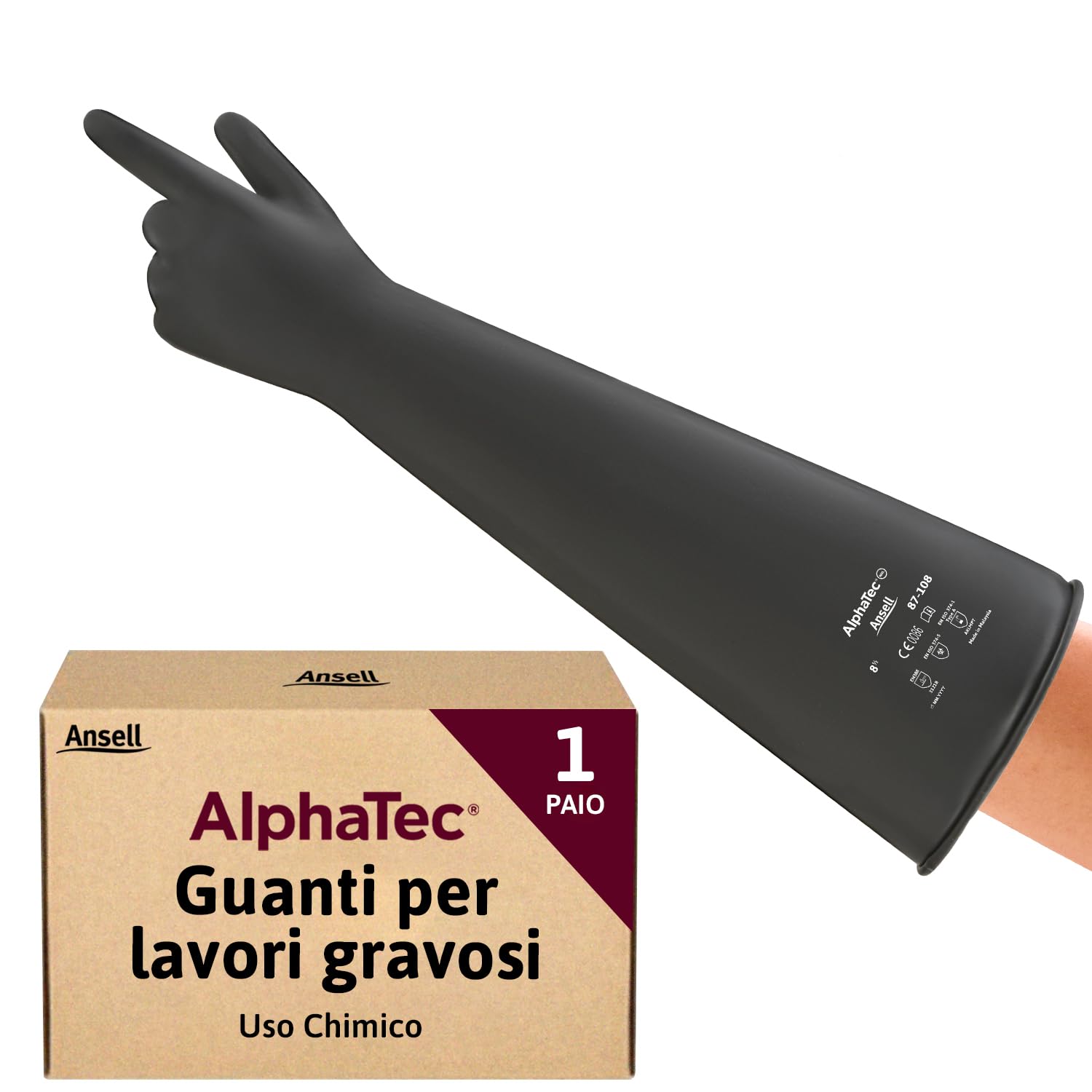 Ansell AlphaTec 87-​108 Guanti di Protezione Chimica in Lattice, Polsino Lungo (61 cm), Elevata Resistenza alle Sostanze Chimiche, Impermeabili e Riutilizzabili, Nero, Taglia L (1 Paio)